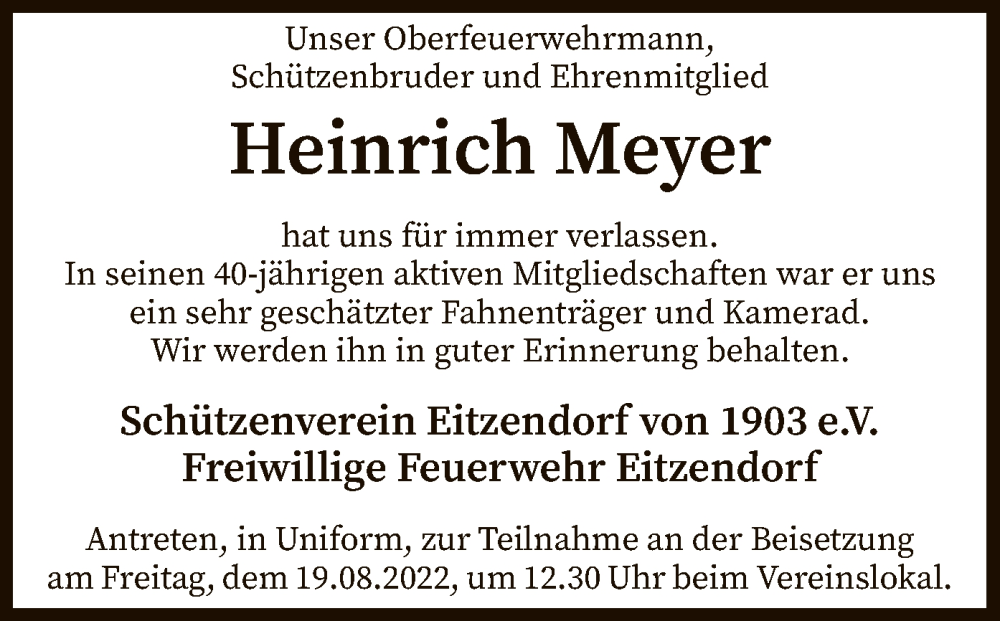  Traueranzeige für Heinrich Meyer vom 13.08.2022 aus SYK