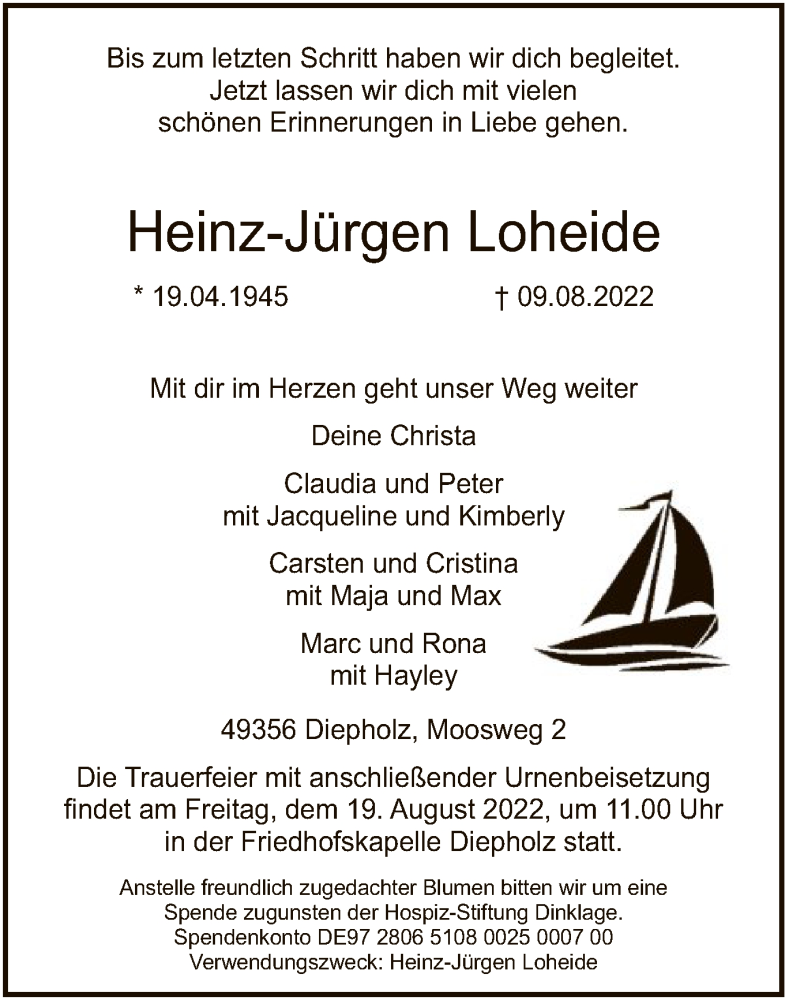  Traueranzeige für Heinz-Jürgen Loheide vom 13.08.2022 aus SYK