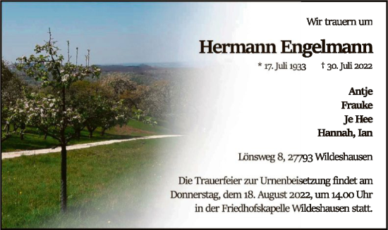 Traueranzeige von Hermann Engelmann von SYK