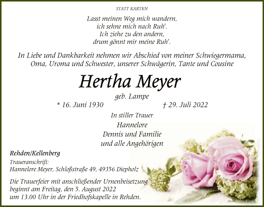 Traueranzeigen von Hertha Meyer | trauer.kreiszeitung.de