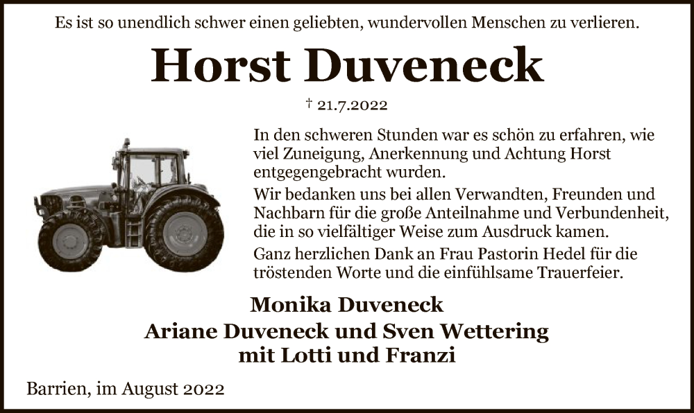  Traueranzeige für Horst Duveneck vom 27.08.2022 aus SYK