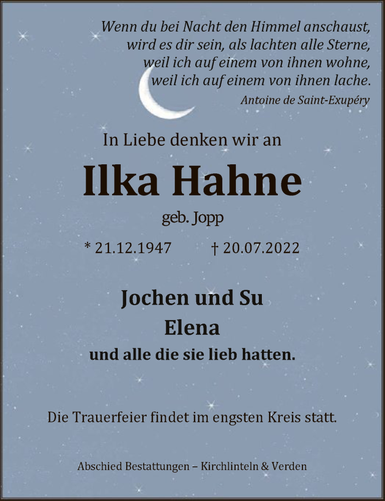  Traueranzeige für Ilka Hahne vom 06.08.2022 aus SYK