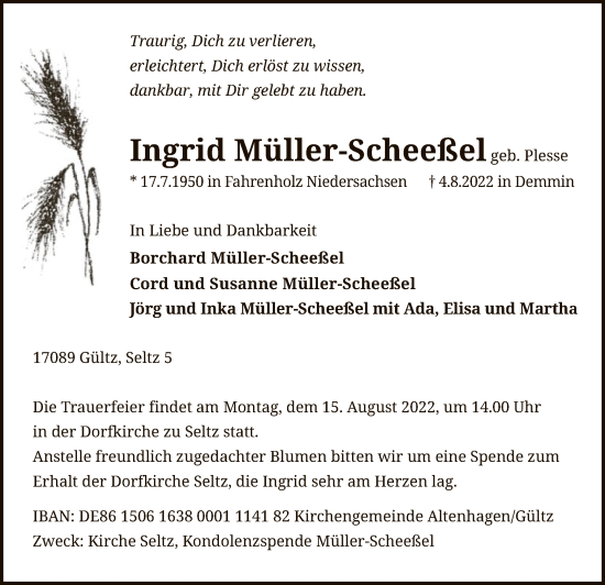 Traueranzeige von Ingrid Müller-Scheeßel von SYK