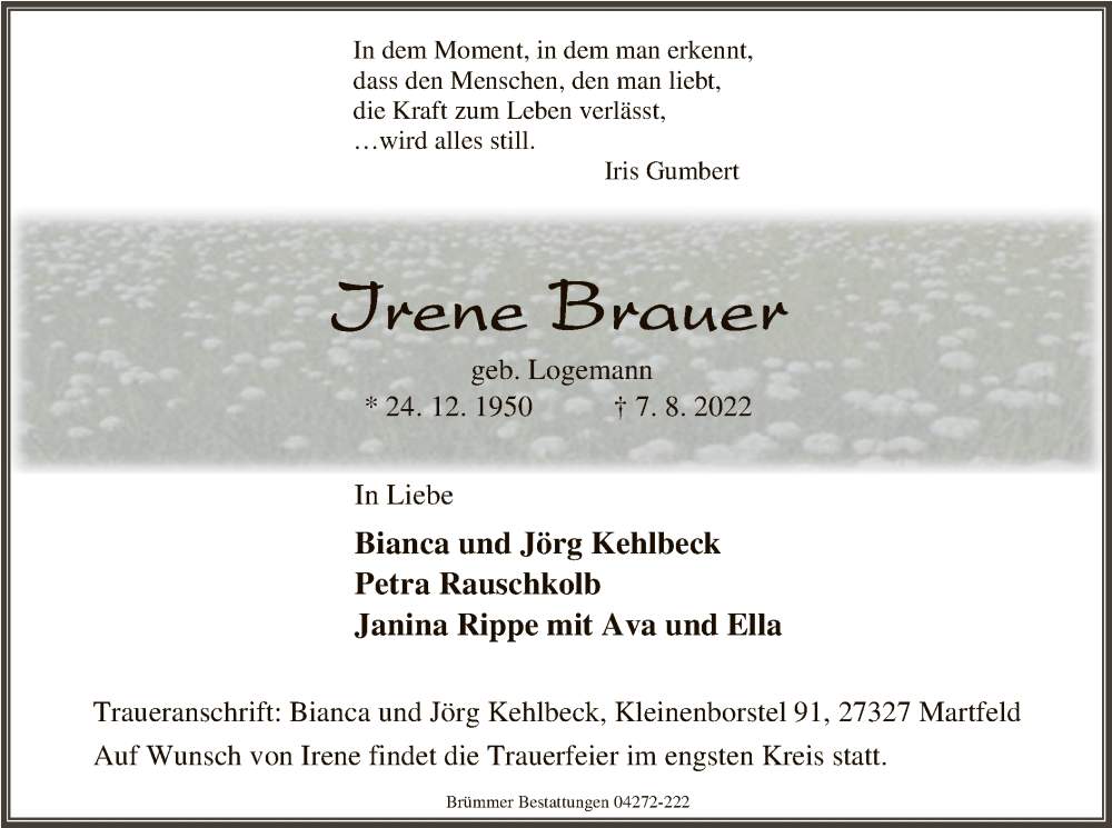  Traueranzeige für Irene Brauer vom 12.08.2022 aus SYK