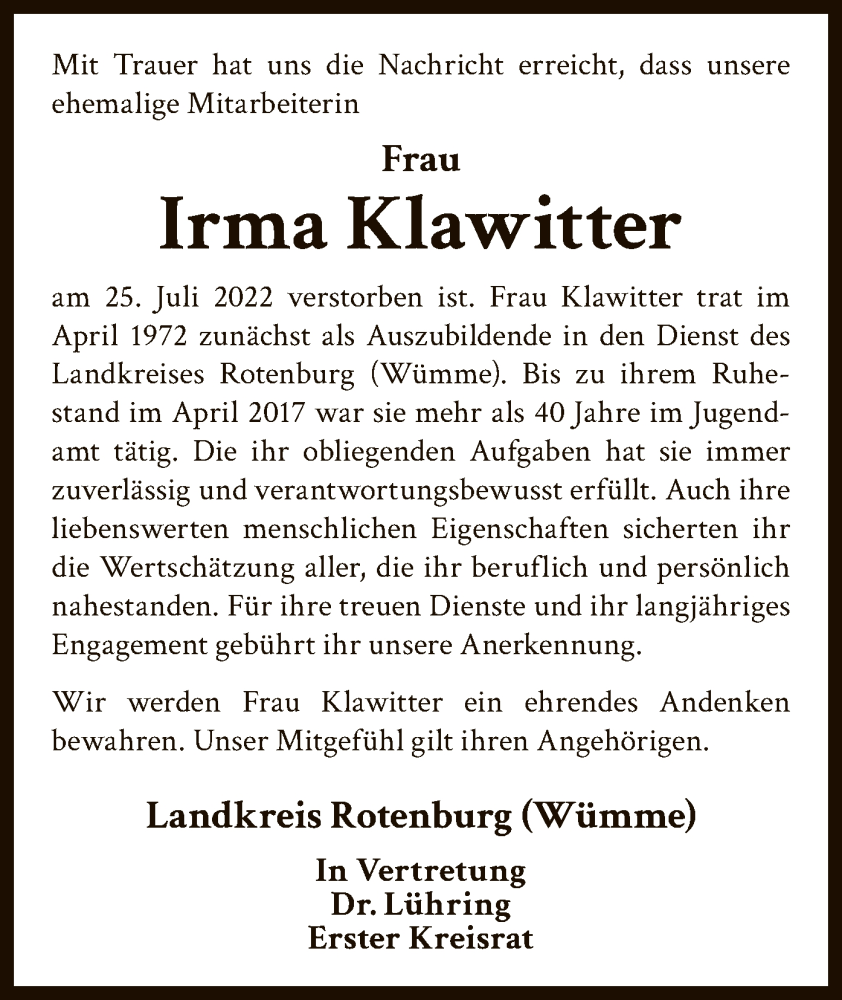  Traueranzeige für Irma Klawitter vom 09.08.2022 aus SYK