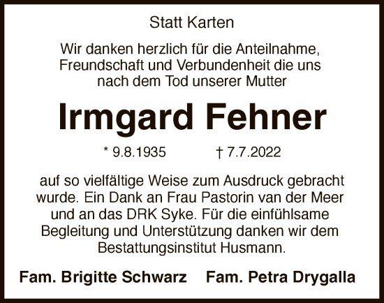 Traueranzeige von Irmgard Fehner von SYK