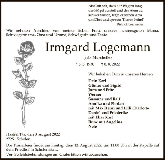 Traueranzeige von Irmgard Logemann von SYK