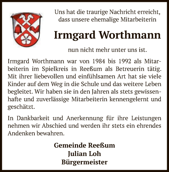 Traueranzeige von Irmgard Worthmann von SYK