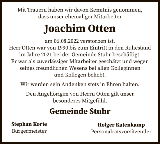 Traueranzeige von Joachim Otten von SYK