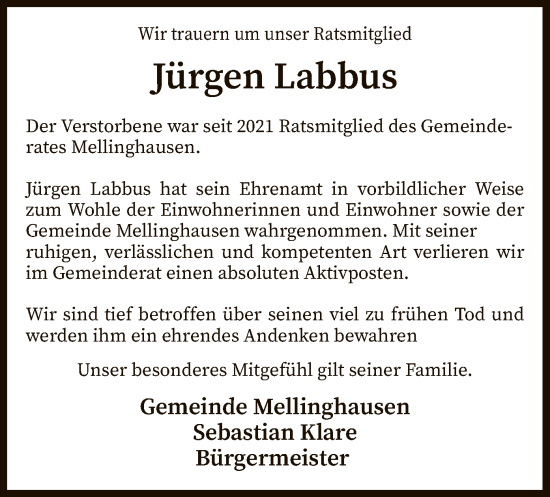 Traueranzeige von Jürgen Labbus von SYK