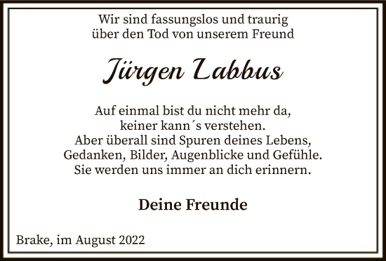 Traueranzeige von Jürgen Labbus von SYK