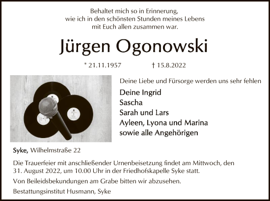 Traueranzeige von Jürgen Ogonowski von SYK