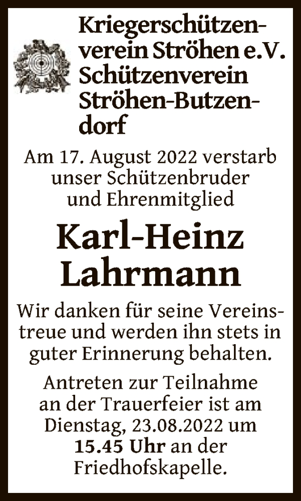  Traueranzeige für Karl-Heinz Lahrmann vom 22.08.2022 aus SYK