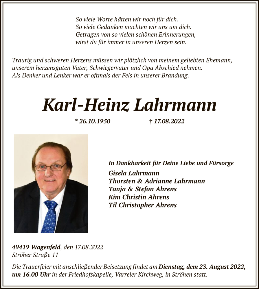  Traueranzeige für Karl-Heinz Lahrmann vom 20.08.2022 aus SYK