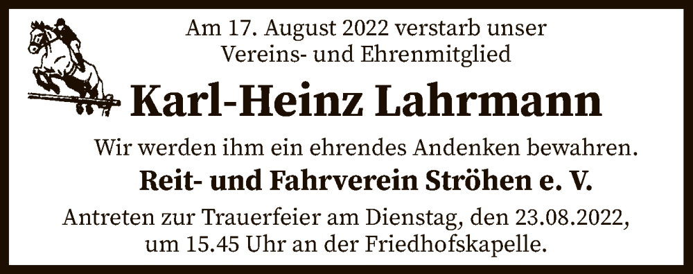  Traueranzeige für Karl-Heinz Lahrmann vom 20.08.2022 aus SYK