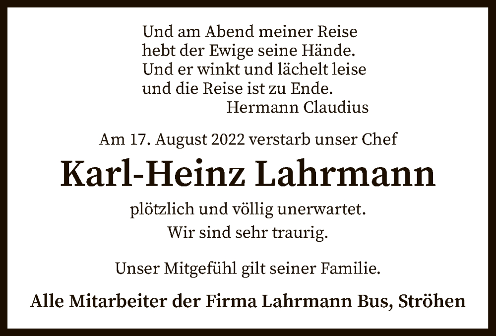  Traueranzeige für Karl-Heinz Lahrmann vom 23.08.2022 aus SYK