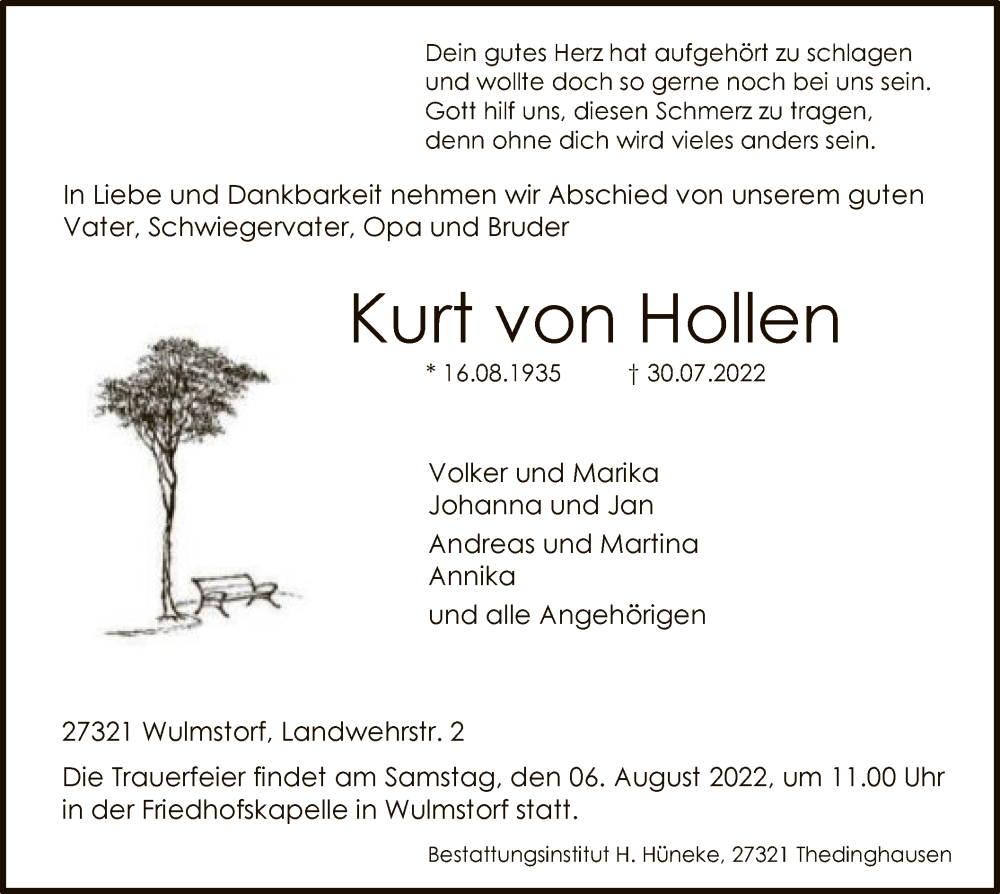  Traueranzeige für Kurt von Hollen vom 02.08.2022 aus SYK
