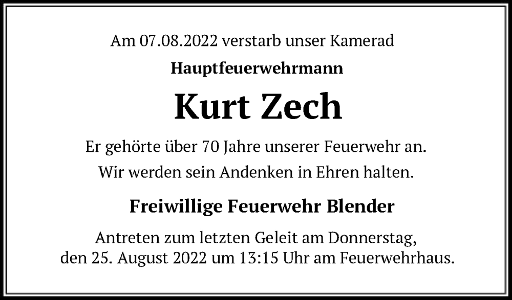  Traueranzeige für Kurt Zech vom 20.08.2022 aus SYK