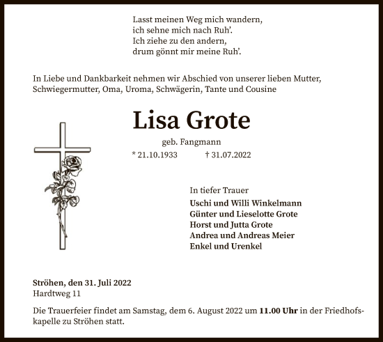 Traueranzeige von Lisa Grote von SYK