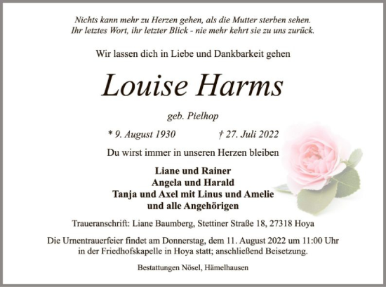 Traueranzeige von Louise Harms von SYK