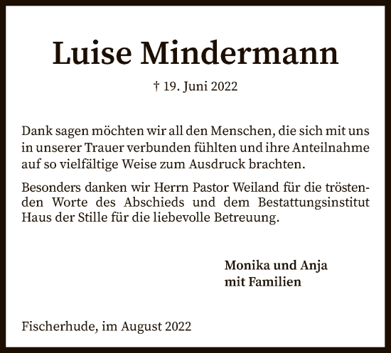 Traueranzeige von Luise Mindermann von SYK