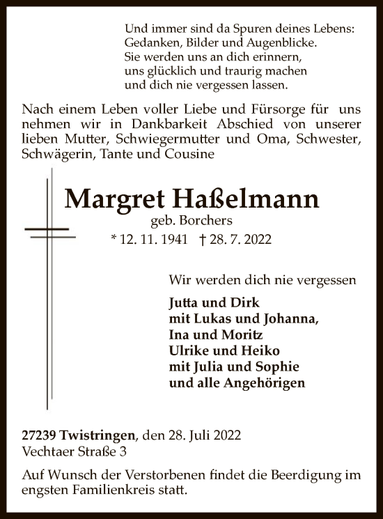 Traueranzeige von Margret Haßelmann von SYK