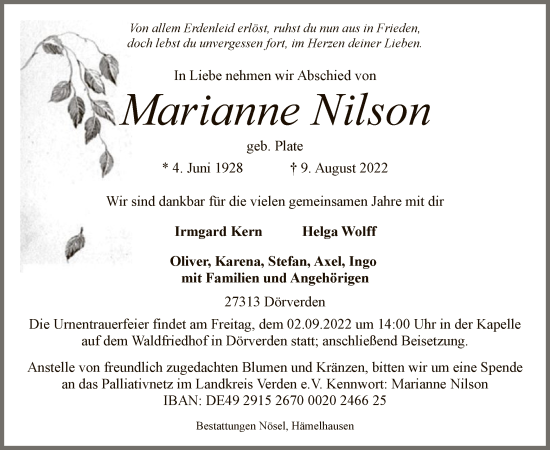 Traueranzeige von Marianne Nilson von SYK