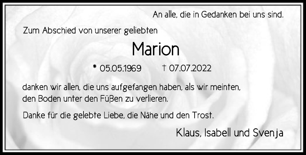  Traueranzeige für Marion Küsel vom 20.08.2022 aus SYK