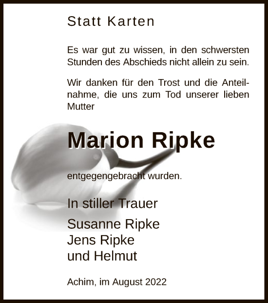 Traueranzeige von Marion Ripke von SYK