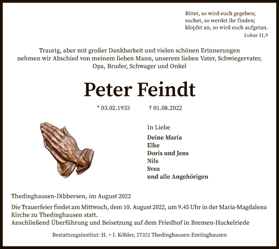 Traueranzeige von Peter Feindt von SYK