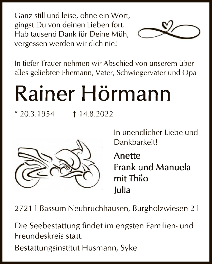  Traueranzeige für Rainer Hörmann vom 20.08.2022 aus SYK