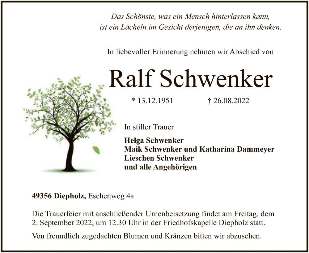  Traueranzeige für Ralf Schwenker vom 30.08.2022 aus SYK
