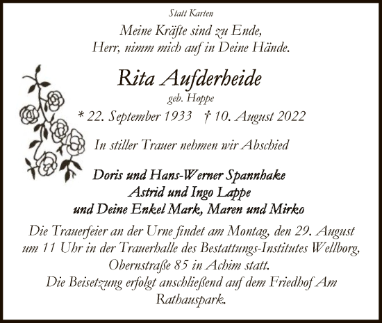 Traueranzeige von Rita Aufderheide von SYK