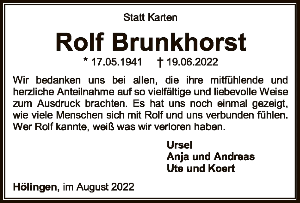  Traueranzeige für Rolf Brunkhorst vom 18.08.2022 aus SYK