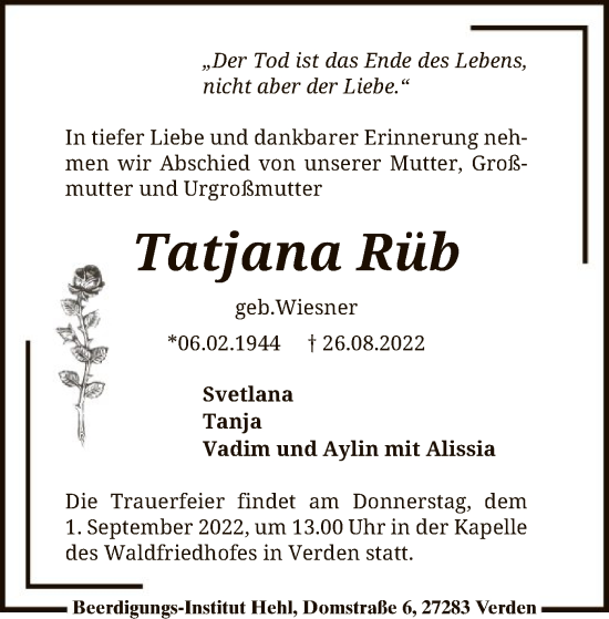 Traueranzeige von Tatjana Rüb von SYK