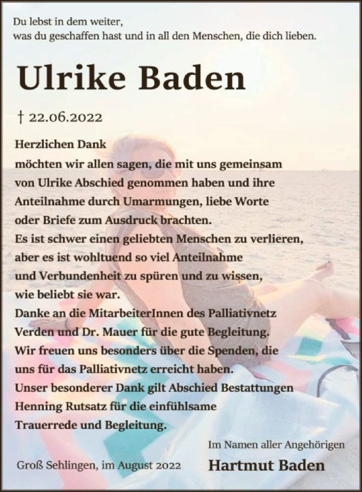  Traueranzeige für Ulrike Baden vom 27.08.2022 aus SYK