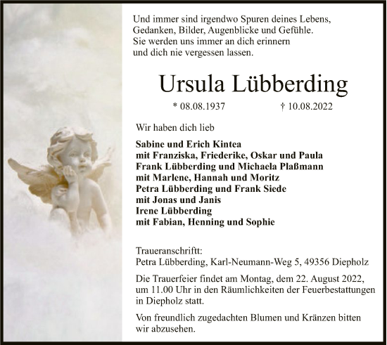 Traueranzeige von Ursula Lübberding von SYK