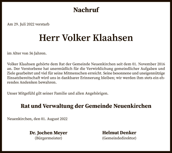 Traueranzeige von Volker Klaahsen von SYK