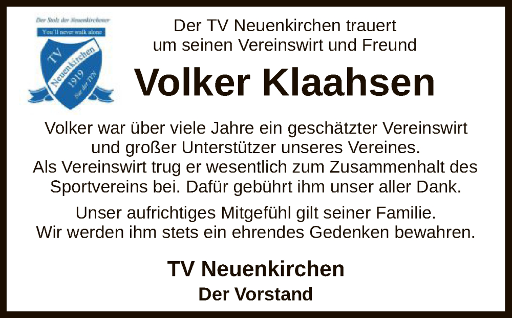  Traueranzeige für Volker Klaahsen vom 04.08.2022 aus SYK