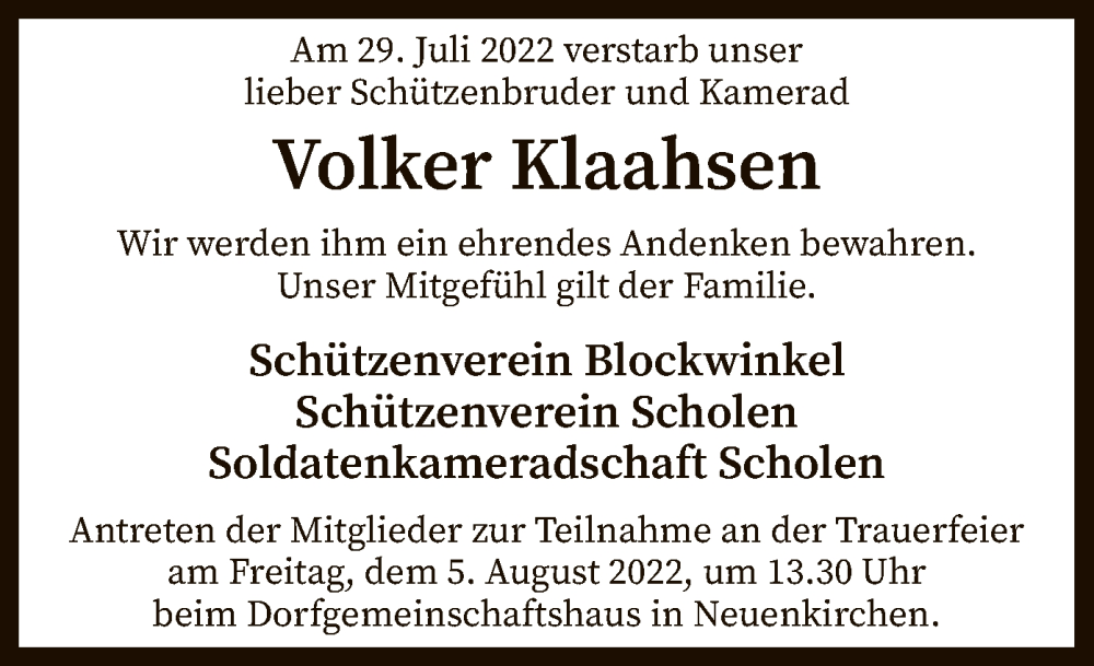  Traueranzeige für Volker Klaahsen vom 03.08.2022 aus SYK