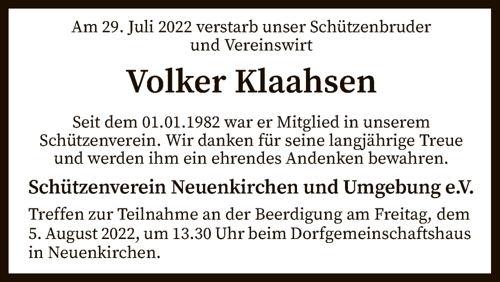 Traueranzeige für Volker Klaahsen vom 03.08.2022 aus SYK