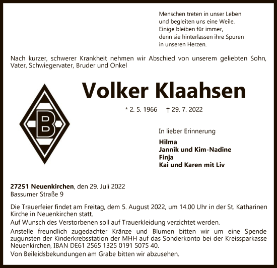 Traueranzeige von Volker Klaahsen von SYK