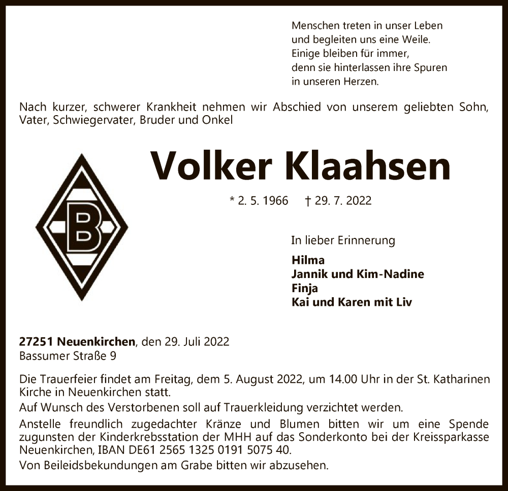  Traueranzeige für Volker Klaahsen vom 02.08.2022 aus SYK