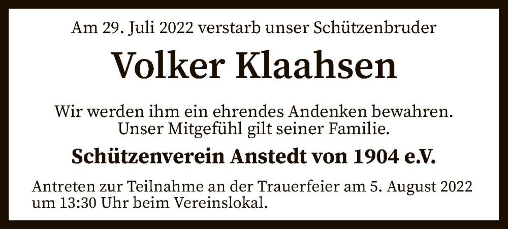  Traueranzeige für Volker Klaahsen vom 04.08.2022 aus SYK