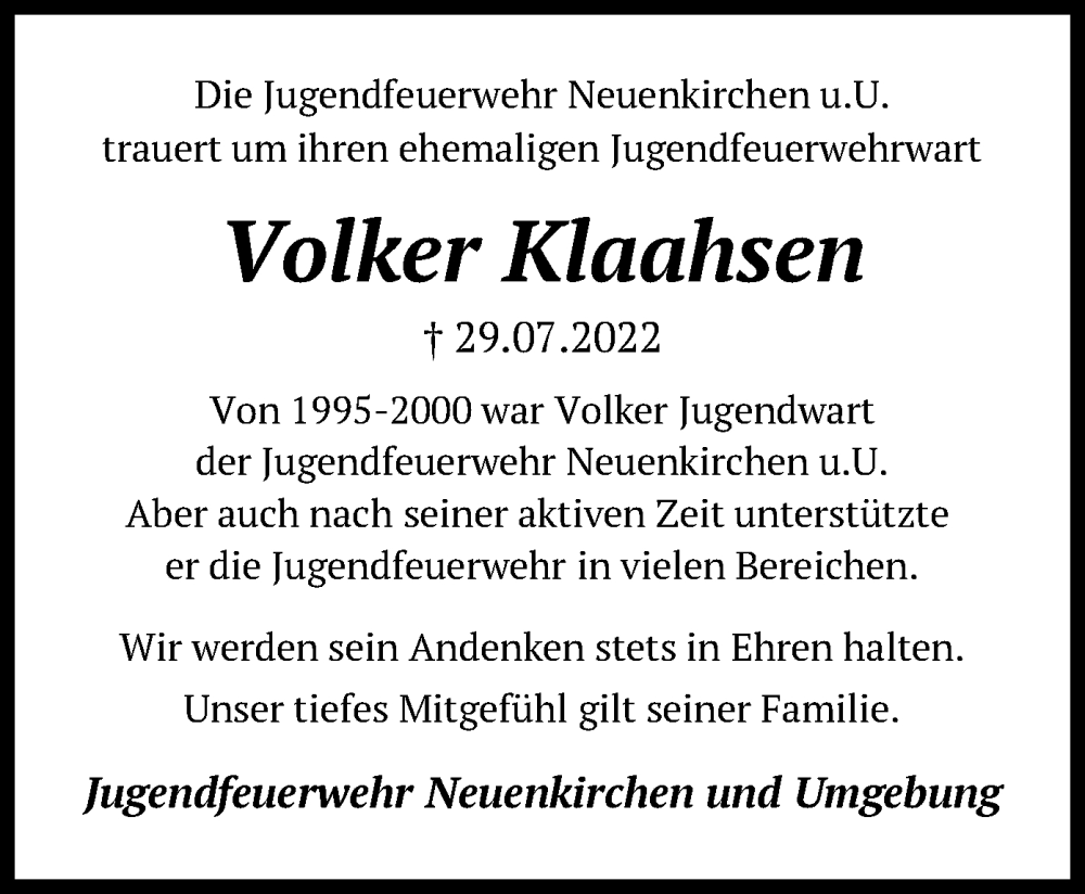  Traueranzeige für Volker Klaahsen vom 06.08.2022 aus SYK