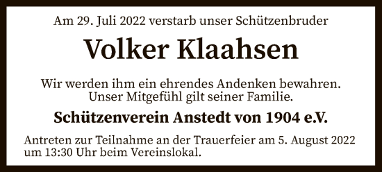 Traueranzeige von Volker Klaahsen von SYK