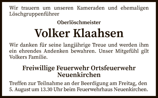 Traueranzeige von Volker Klaahsen von SYK