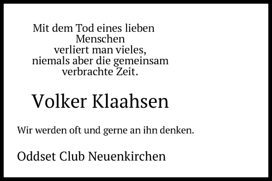 Traueranzeige von Volker Klaahsen von SYK