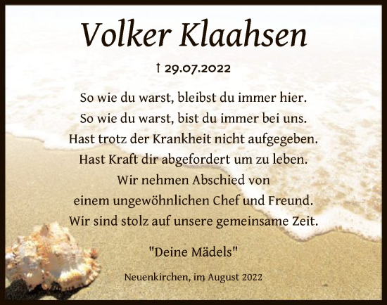 Traueranzeige von Volker Klaahsen von SYK