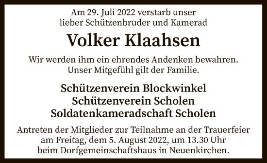 Traueranzeige von Volker Klaahsen von SYK